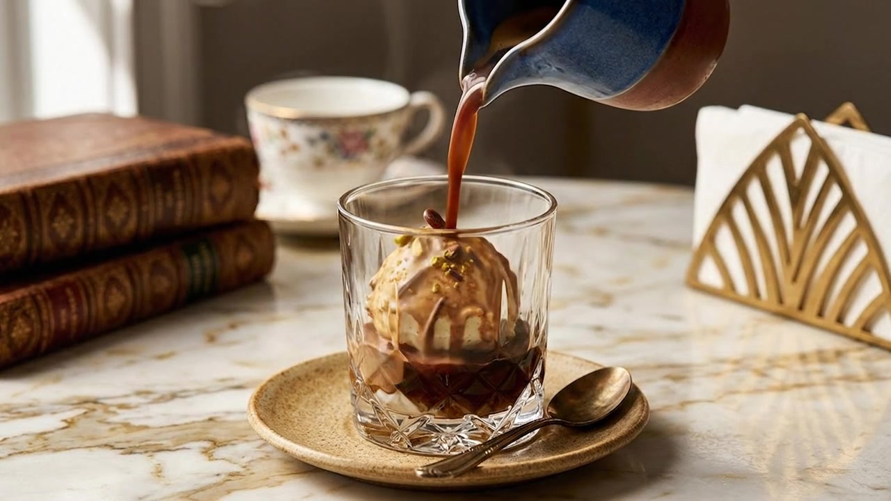 Hælder varm espresso over vaniljeis til affogato