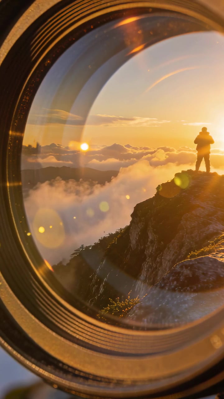Vertical video: Lens moving framing hiker in jacket watching sun on ridge with lens rim, copy space