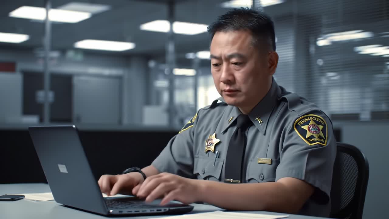 Focused Officer Working on a Laptop in a Modern Office Setting: An Insight into Law Enforcement’s Daily Workflow and Responsibilities