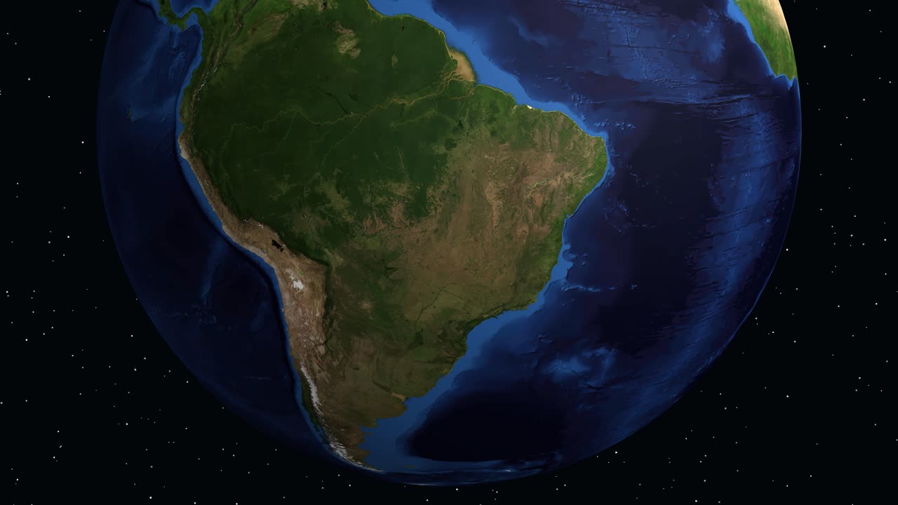 La terra digitale ruota e zooma sul Sud America, evidenziando Tarija, Bolivia, con testo informativo