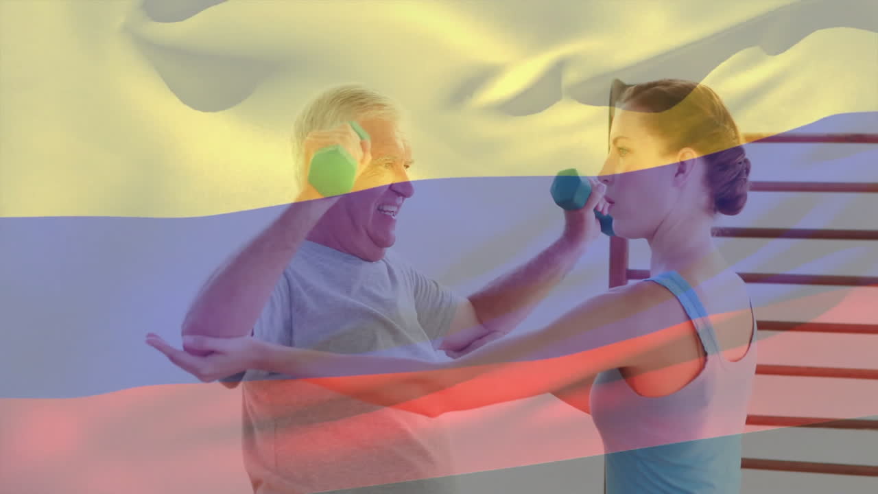 упражнения с гантели, пожилой человек перед размахивающим колумбийским флагом анимация