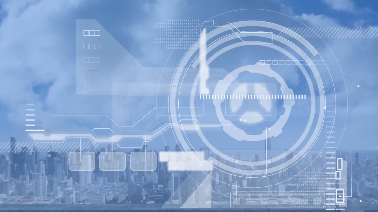 도시 풍경 위의 금융 데이터 처리 애니메이션