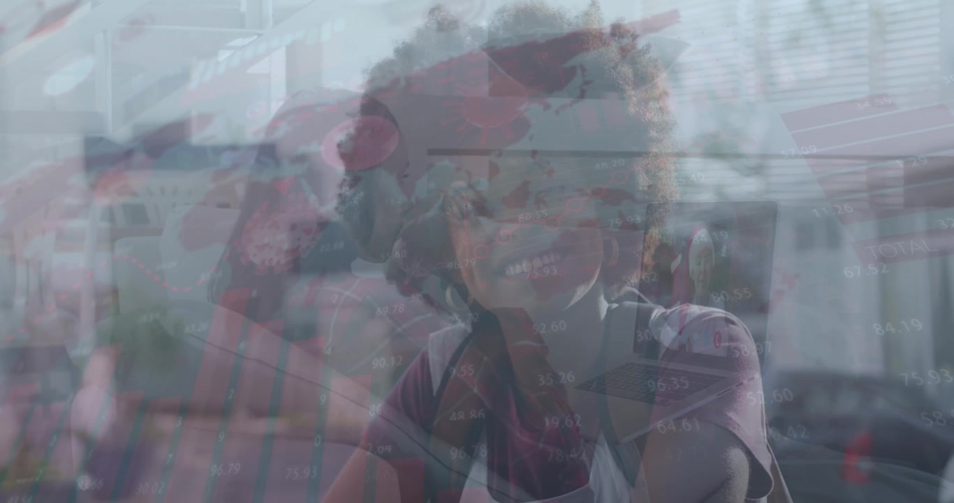Animation of virus cells floating over happy afican american woman