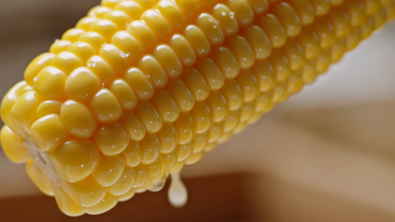 Closeup Corn Cob Butter Drizzle Glistening Kernels, Steam Rising From Warm Cooked Corn, Glossy Yellow Rows,