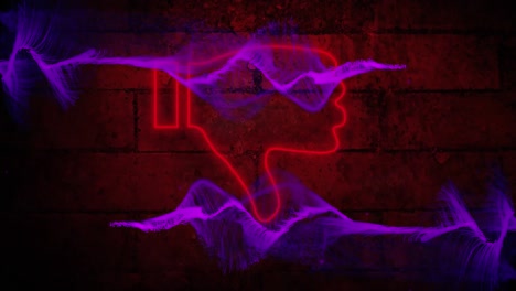 digital animation of purple digital waves over neon red dislike icon against brick wall