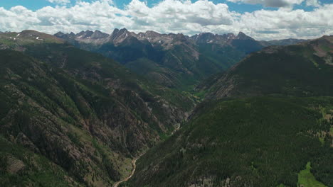 Aerial-cinematic-drone-summer-high-altitude-Molas-Pass-Silverton-Durango-southern-Colorado-late-morning-stunning-lush-green-blue-sky-partly-cloudy-Rocky-Mountains-reveal-forward-movement