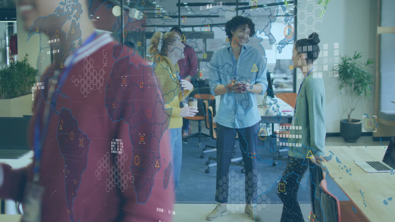 Diverse team collaborating in office with global network data overlay animation