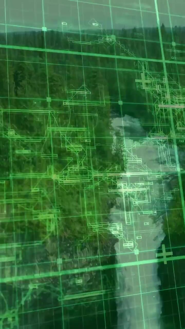 Vertical video: Camera rotation starting scan while waterfall staying central, grid mapping cliff