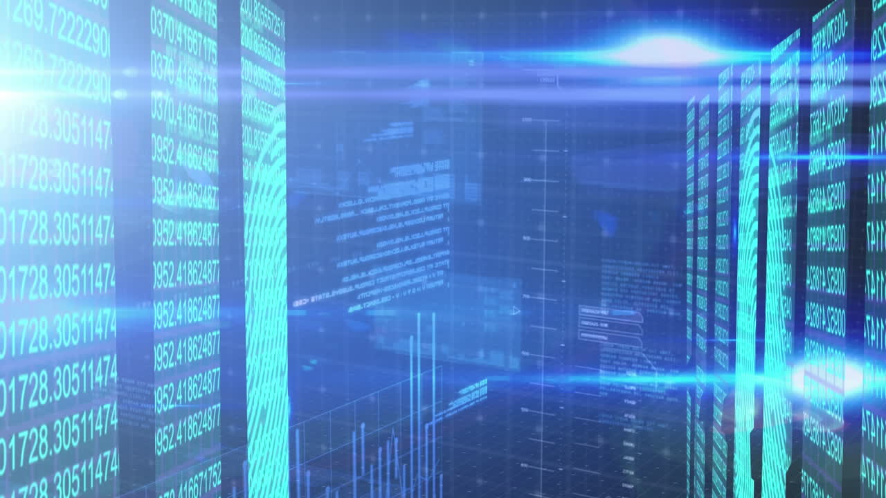 animación del procesamiento de datos y luces sobre fondo azul