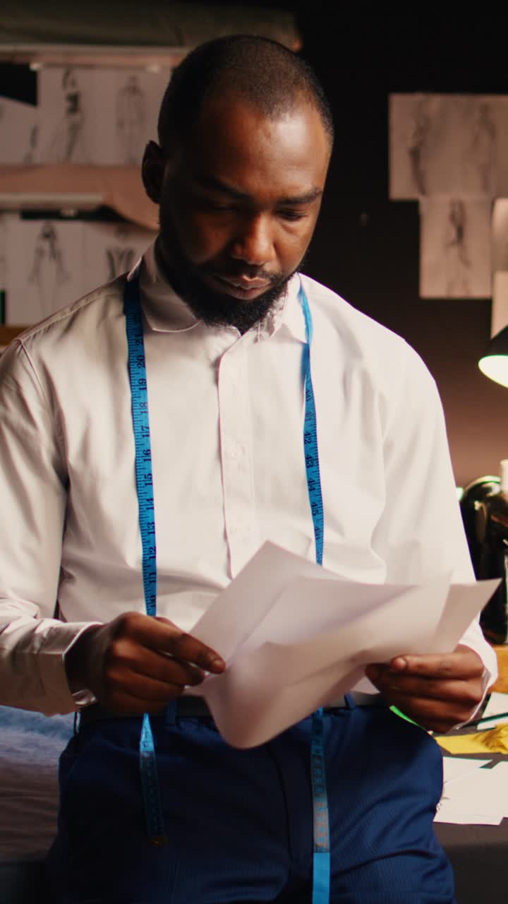 Vertical video Tailor reviewing sketches and outlines