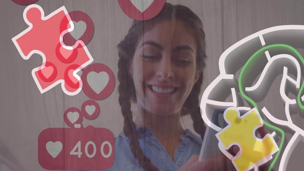 animación de coloridas piezas de rompecabezas y globo con las manos sobre personas de negocios que utilizan dispositivos digitales