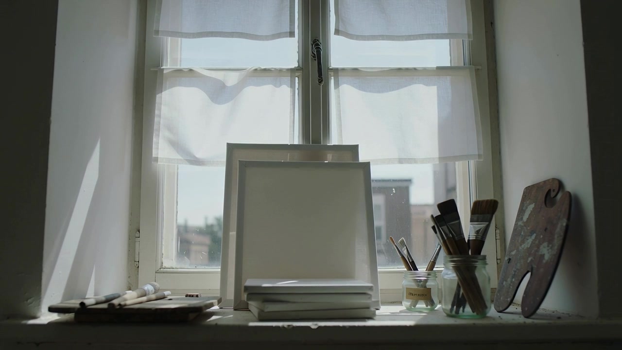 Shifting sunlight bathing stacked blank canvases on windowsill, revealing brushes, palette, boards