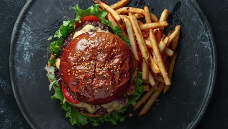 Leckerer-Rindfleischburger-Mit-Pommes-Frites-Auf-Schieferplatte