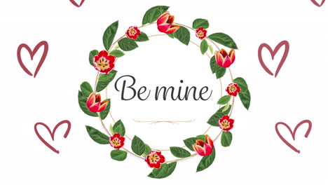 animation of be mine text over flowers and hearts