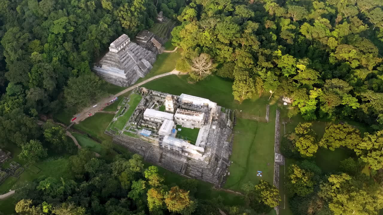 Vista aerea con drone delle rovine Maya di Palenque, con antiche piramidi e templi circondati dalla giungla tropicale nel Messico meridionale