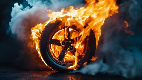 a car wheel on fire with smoke coming out of it