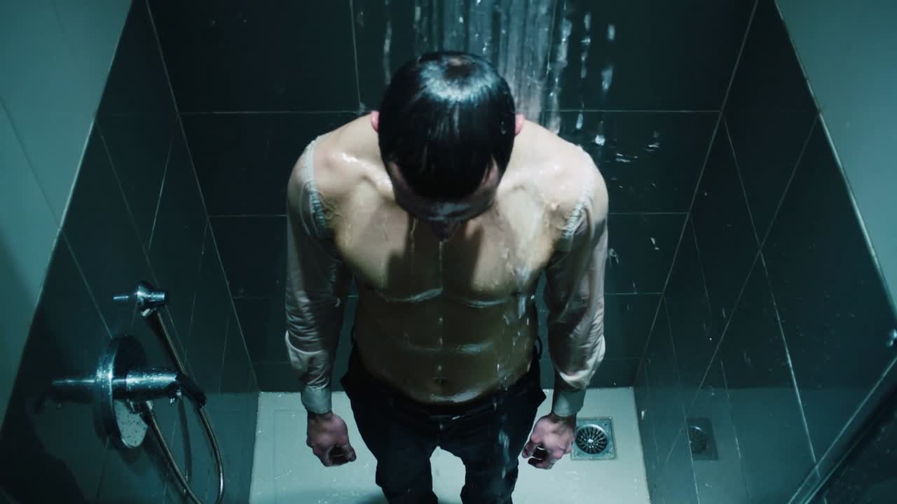 Shower turning on, man clenching fists under overhead shower while water soaking shirt and trousers