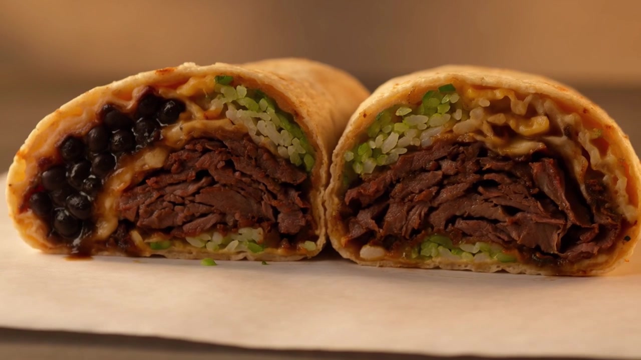 Primo piano di un burrito di manzo affettato con fagioli e riso