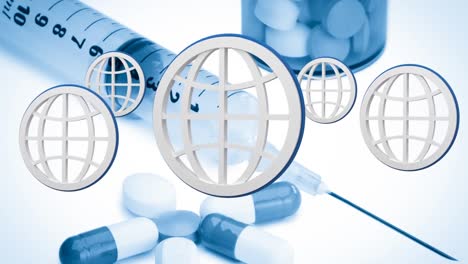 animation of globes, medication and syringe