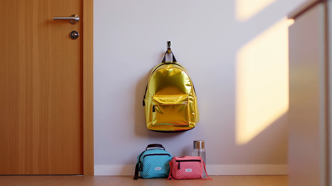 Gold Backpack By Door In Morning Sunlight, Teal And Pink Lunch Bags On Floor, Stainless Thermos Beside Hook,