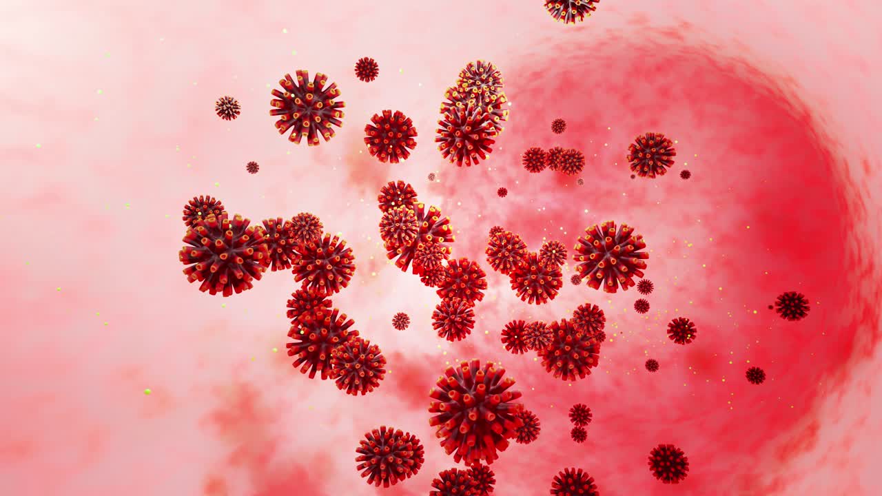 Modello 3D di coronavirus rosso su membrana mucosa. Animazione fluida in loop 4K del virus che galleggia nel liquido. Sfondo microbiologico scientifico, rendering 3D del virus. 4