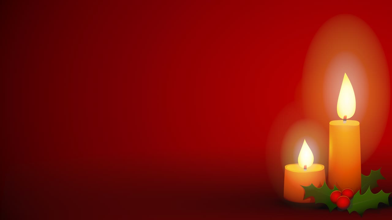bucle de animación de fondo de navidad roja con dos velas ardientes y hojas de acebo