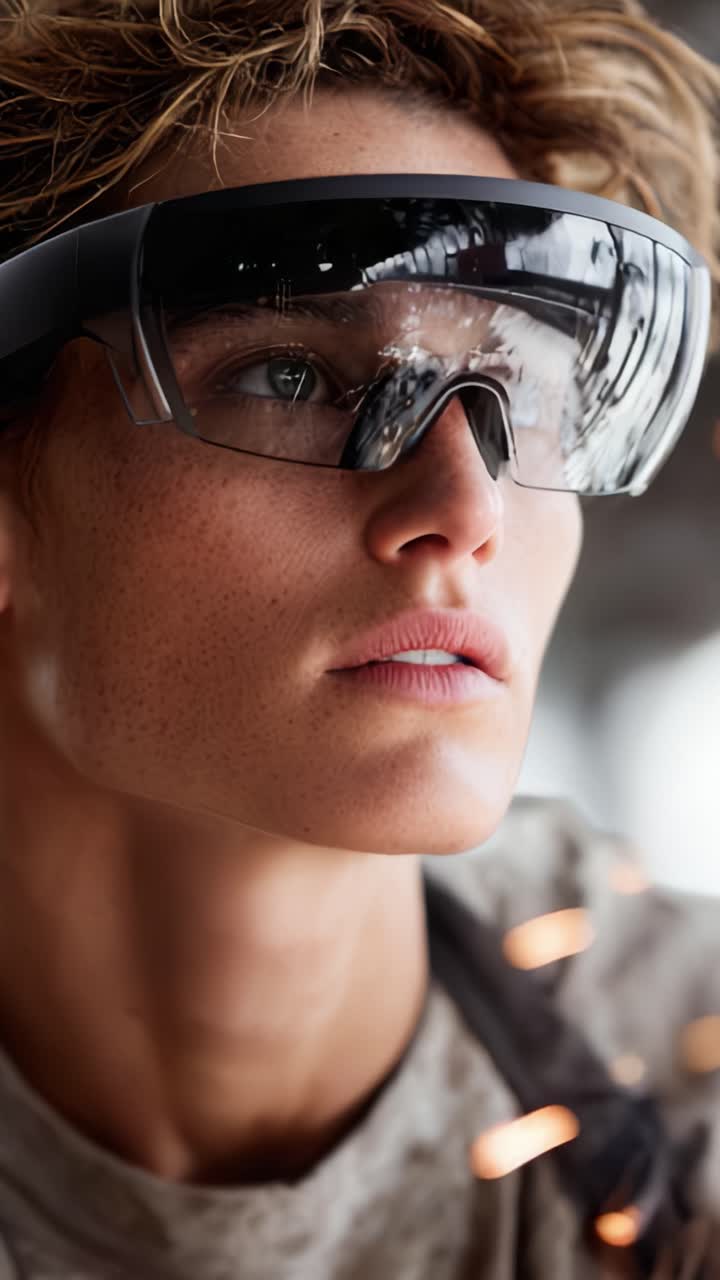 Focused young individual wearing advanced smart glasses, gazing intently while engaged in a creative and innovative task in a modern workspace environment