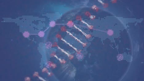 Animation-of-dna-strand,-network-of-connections-with-world-map-on-blue-background