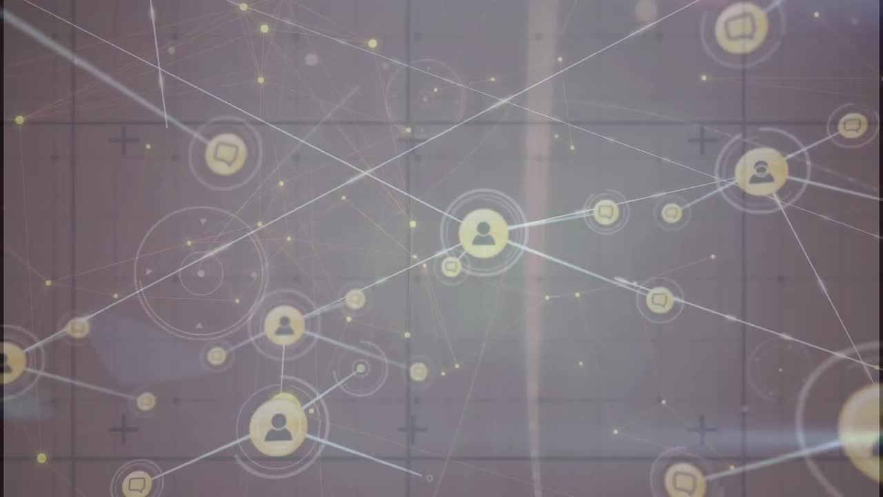 Animation of network of digital icons and light trails over grid network against grey background