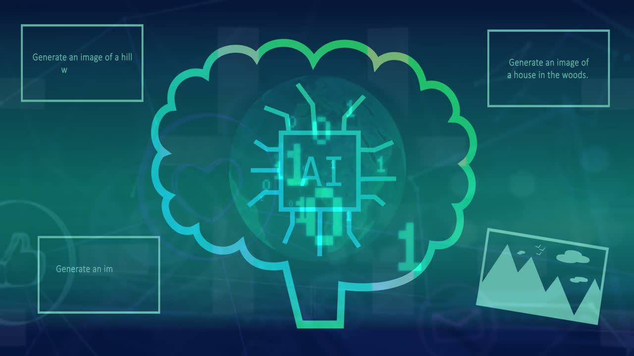 Animation of ai data processing over globe with ai icons