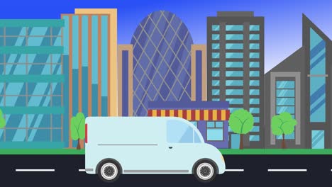 car driving rides around city side view, loop animation, flat design background