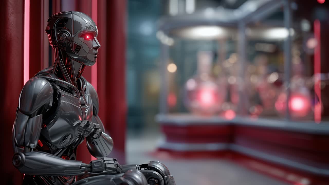 Advanced AI Robot with Glowing Red Eyes in a Futuristic Laboratory