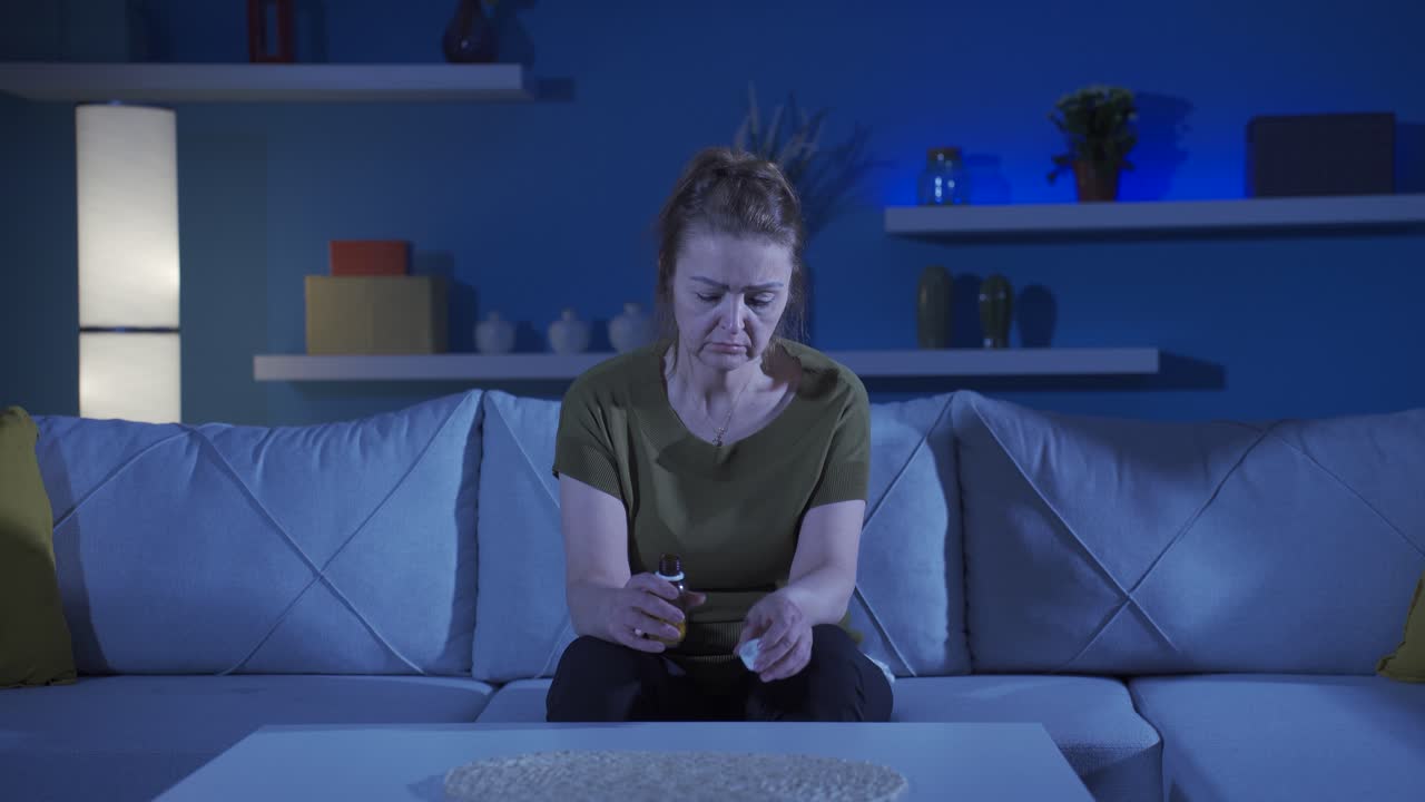 la mujer que quiere suicidarse tomando pastillas.