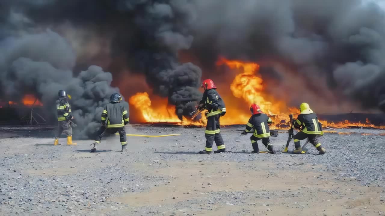 Firefighters battling a large fire with heavy smoke