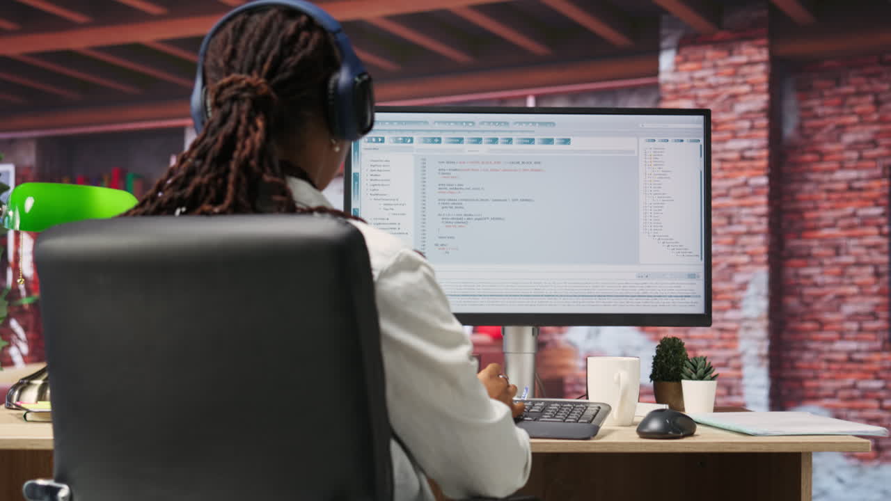 programador con auriculares escribe código en la pc, desarrollando software