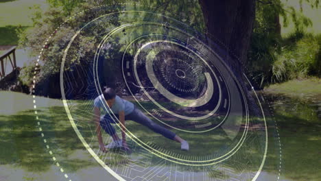 estiramiento en el parque, persona con superposición de animación de interfaz digital