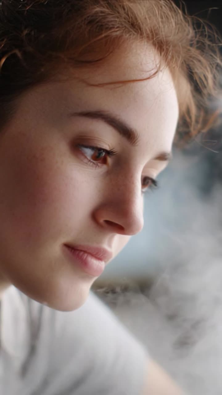 A young woman gazes thoughtfully into the distance, reflecting emotions of contemplation, depth, and creativity amidst a softly blurred background ambiance