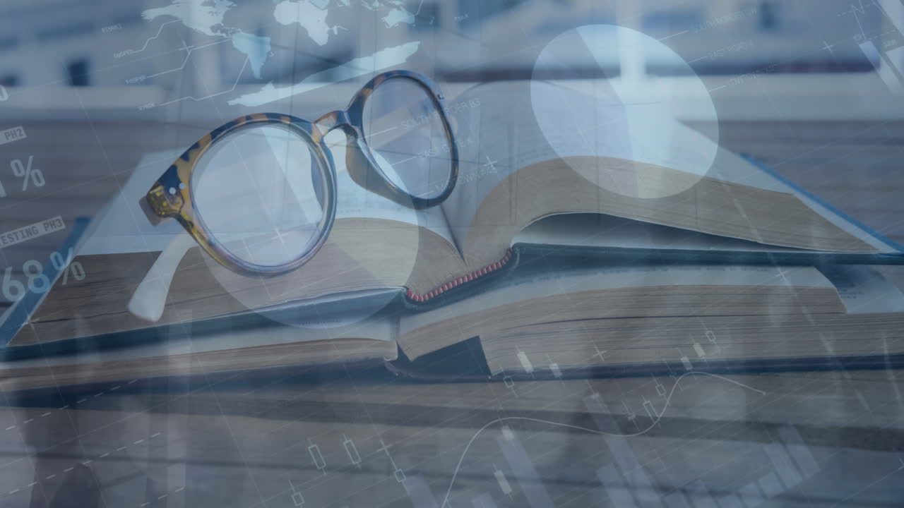 анимация инфографического интерфейса, очки на книге в течение промежутка времени ходящих людей