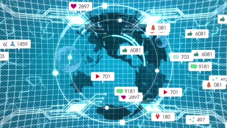 animation of media icons and data processing over globe