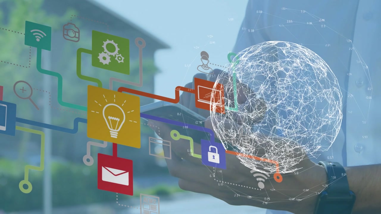 Animation of blue wave and data processing over men using smartphone