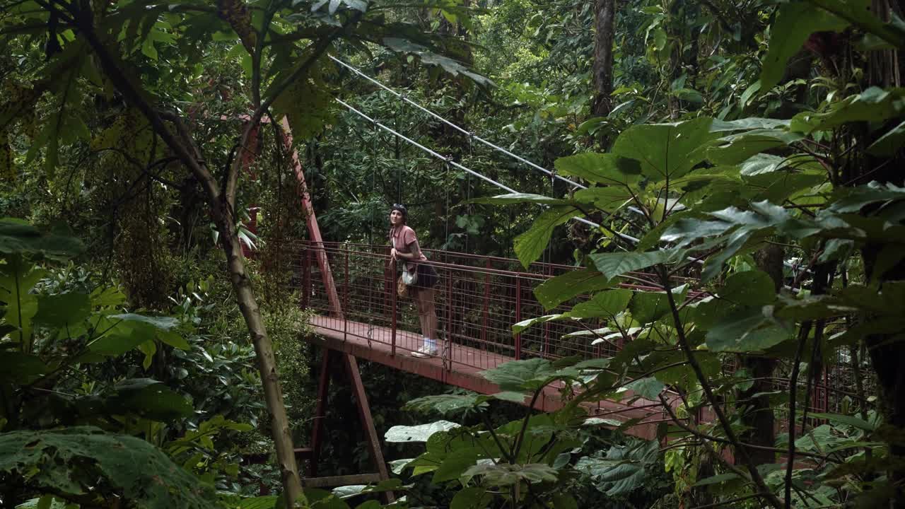 Tilting down shot revealing a young woman standing on the red suspension bridge in Monteverde Cloud Forest Reserve. The bridge stretches through green foliage in a cloud forest on a rainy summer day