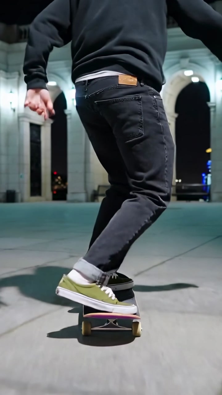 Vertical video: Rolling skater popping board flip under arches to land trick in jeans, olive shoes