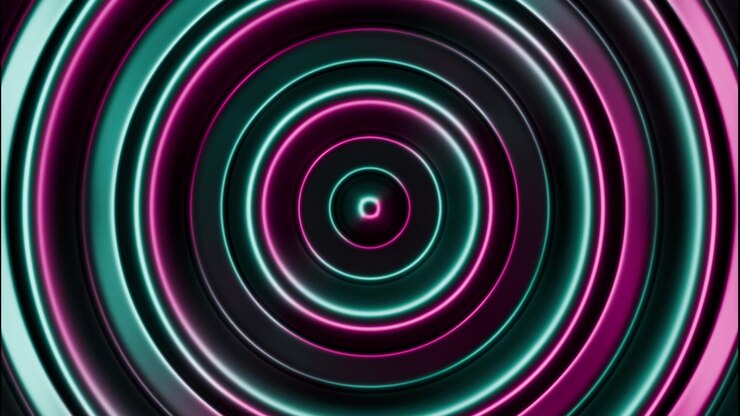 Movimento astratto centrato che mostra creste circolari concentriche che pulsano verso l'interno, con superfici lucide riflettenti, illuminazione ciano-magenta vivida, forte contrasto e una profondità futuristica radiosa
