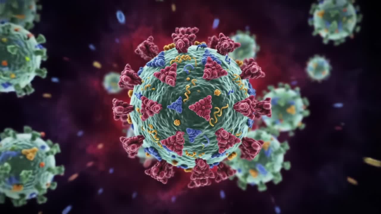 Detailed Visualization of a Virus Structure: Examination of Its Surface Proteins and Genetic Material in a Stunning Microbial Environment