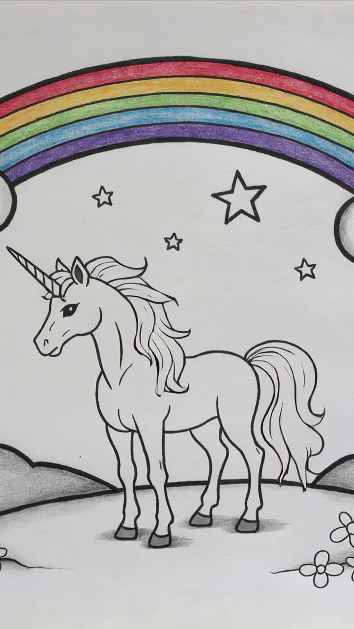 Unicorn Drawing with Rainbow and Stars Coloring Page