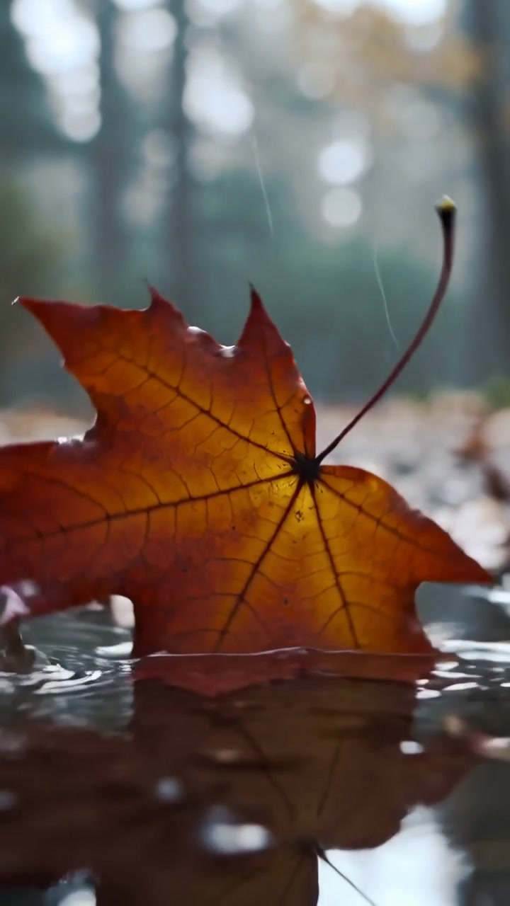 Video verticale: Foglia d'acero che si inclina reagendo a una goccia di pioggia su una pozzanghera nel bosco, con riflesso venato.