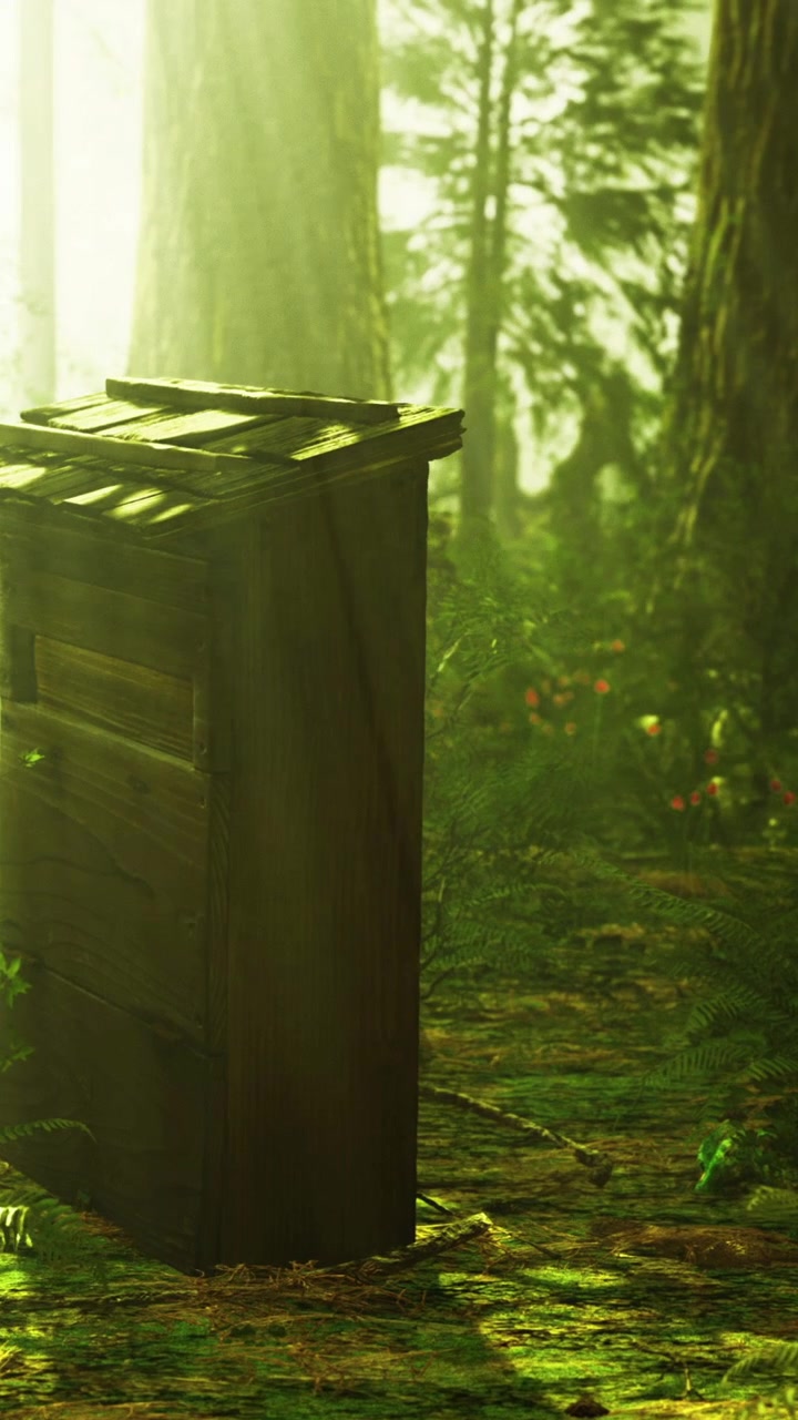 Wooden box placed on a dirt path surrounded by trees in a forest