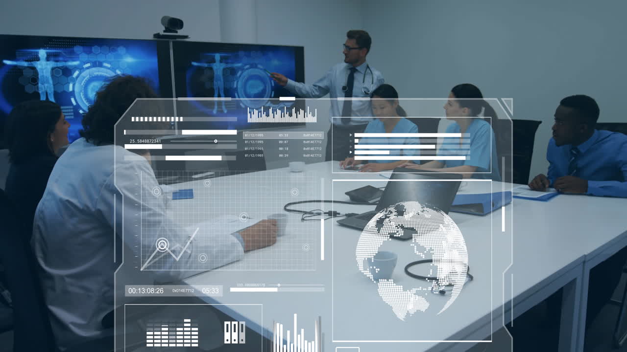 Animation of financial data processing over diverse business people in office