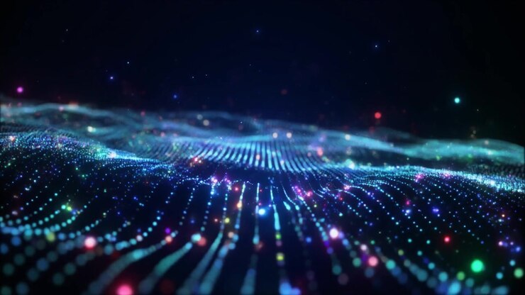 Abstract Digital Wave of Glowing Particles and Data Lines