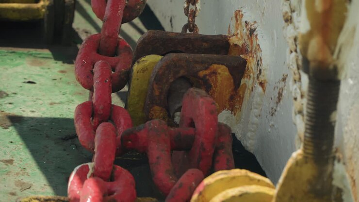 Catena rossa attraverso una staffa dello scafo arrugginita, primo piano di passacavo ossidato con vernice scrostata e macchie di sale su piastra del ponte verde, grillo pesante sotto sforzo, atmosfera portuale industriale, nautica vintage